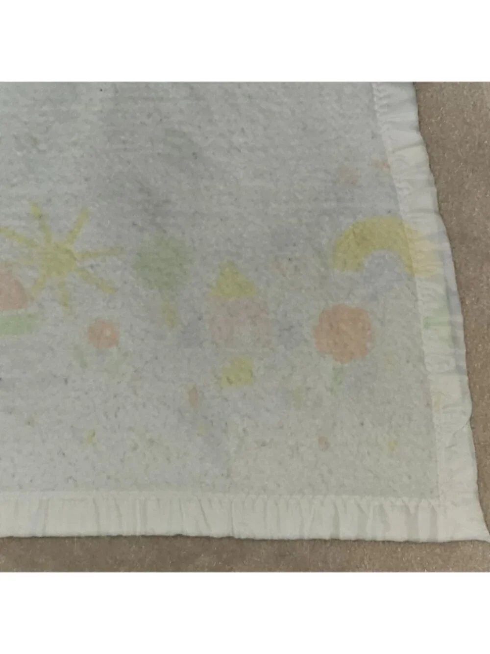 VTG WPL 1675 Acrylic Baby Blanket Satin Trim Boat Train Sun Tree FADED AS IS